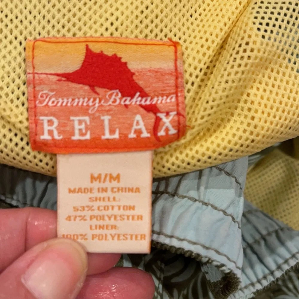 Tommy Bahama Floral Cotton Blend Swim Trunks 9” Olive Blue Mesh Liner-Medium